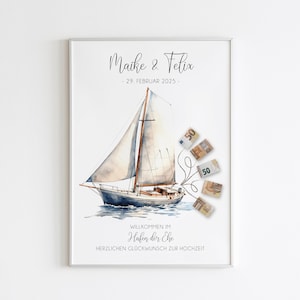 Geldgeschenk zur Hochzeit | Personalisiertes Geldgeschenk für Brautpaar | Segelboot mit Geldscheinen | Ehehafen