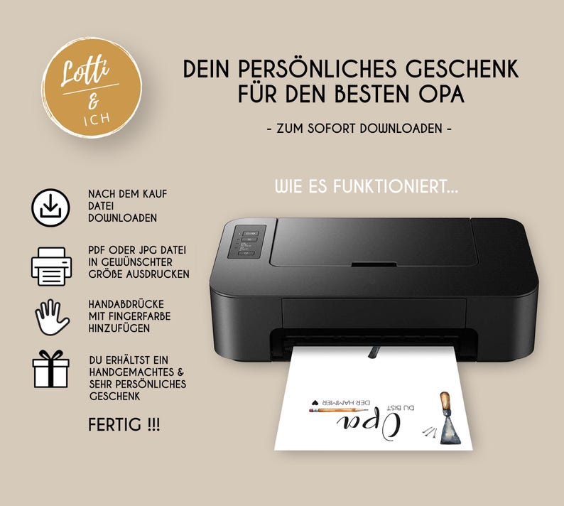 Ein ganz besonderes Geschenk für den besten Opa, mit Liebe gestaltet
Handabruck oder Fußabdruck als digitales Poster zum Herunterladen, selbst ausdrucken und gestalten
