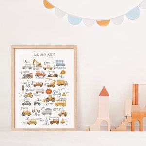 May include: A framed alphabet poster with illustrations of vehicles and the German word "DAS ALPHABET" at the top. The poster features a variety of vehicles, including a car, truck, bus, motorcycle, and airplane. Each vehicle is paired with a letter of the alphabet.