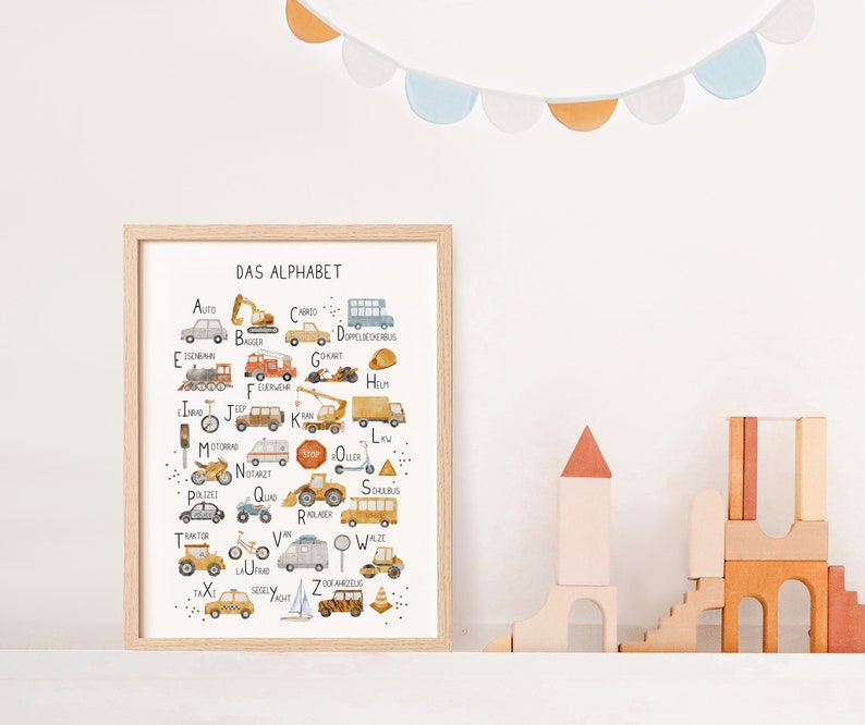 May include: A framed alphabet poster with illustrations of vehicles and the German word "DAS ALPHABET" at the top. The poster features a variety of vehicles, including a car, truck, bus, motorcycle, and airplane. Each vehicle is paired with a letter of the alphabet.