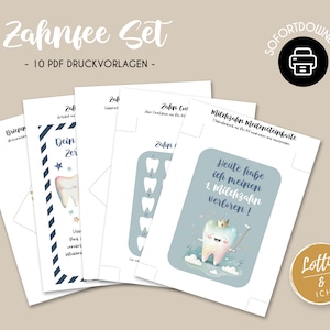 May include: A set of ten printable PDF templates with a tooth fairy theme. The designs include cards, envelopes, and milestone charts. The text includes "Zahnfee Set" and "10 PDF DRUCKVORLAGEN". The color palette is soft, with blue, white, and gold accents.