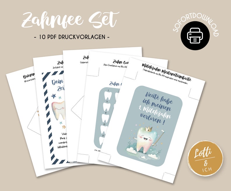 May include: A set of ten printable PDF templates with a tooth fairy theme. The designs include cards, envelopes, and milestone charts. The text includes "Zahnfee Set" and "10 PDF DRUCKVORLAGEN". The color palette is soft, with blue, white, and gold accents.