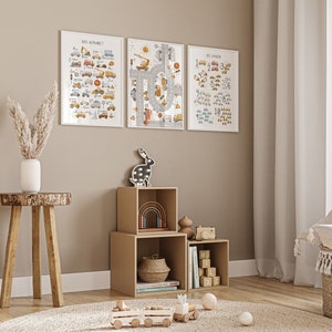 May include: Three framed educational posters with a construction theme for children. The posters feature a colorful alphabet, numbers 1-10, and a road with traffic signs. The posters are displayed on a wall in a nursery or playroom.