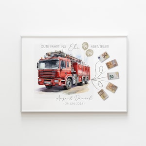 Geldgeschenk zur Hochzeit | Personalisiertes Geldgeschenk für Brautpaar | Feuerwehrauto mit Geldscheinen