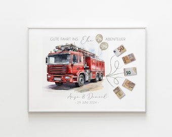 Geldgeschenk zur Hochzeit | Personalisiertes Geldgeschenk für Brautpaar | Feuerwehrauto mit Geldscheinen