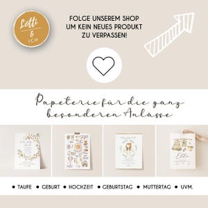 May include: A promotional image for a shop called "Lotti & Ich" featuring various stationery designs. The image includes text in German, a heart icon, and examples of invitation cards for events like baptisms, birthdays, and weddings.
