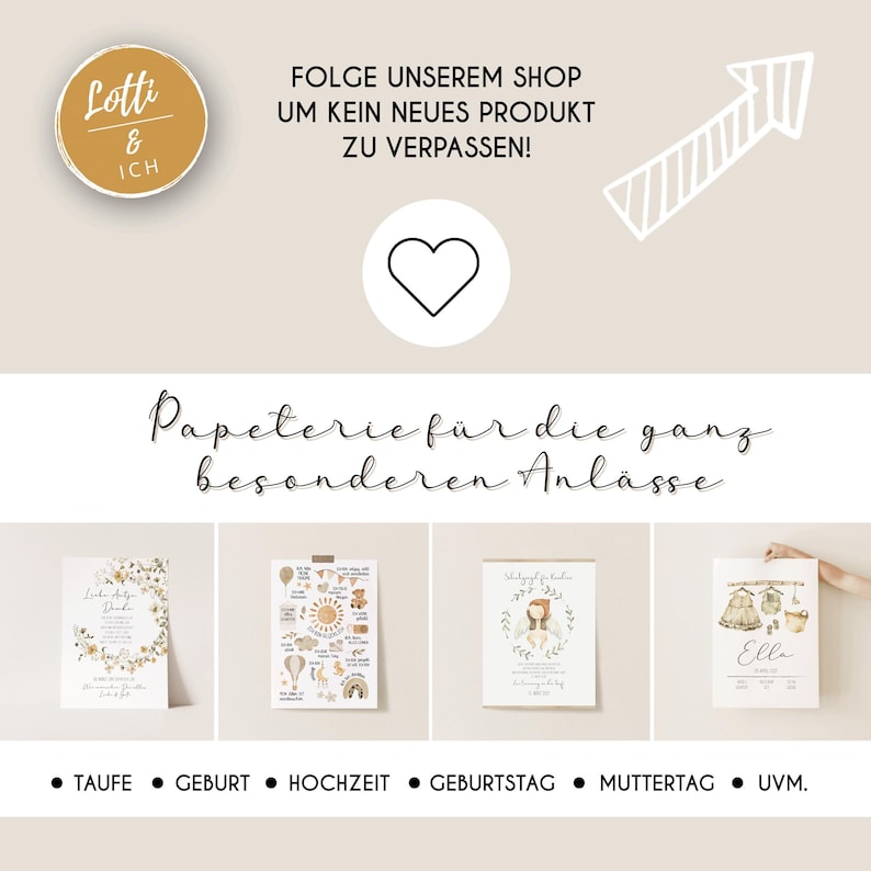 May include: A promotional image for a shop called "Lotti & Ich" featuring various stationery designs. The image includes text in German, a heart icon, and examples of invitation cards for events like baptisms, birthdays, and weddings.