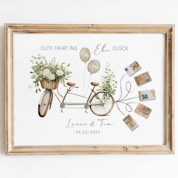 Personalisiertes Geldgeschenk für Brautpaar | Geldgeschenk zur Hochzeit | Fahrrad mit Geldscheinen | Tandem Hochzeitsgeschenk