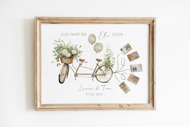 Personalisiertes Geldgeschenk für Brautpaar Geldgeschenk zur Hochzeit Fahrrad mit Geldscheinen Tandem Hochzeitsgeschenk Bild 1