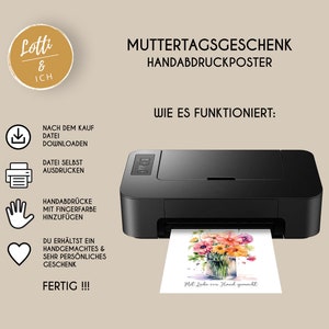 May include: A printable Mother's Day gift poster with instructions on how to create a personalized handprint art project. The poster includes a black and white illustration of a printer, a hand with finger paint, and a heart.