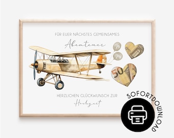 Wedding cash gift | Cash gift for the bride and groom: travel fund | Airplane with banknotes | Last-minute gift | INSTANT DOWNLOAD