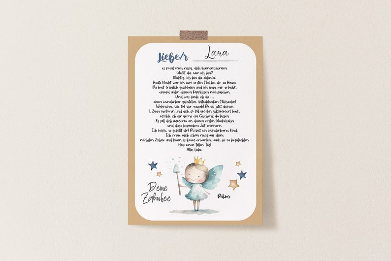 May include: A framed print with a handwritten letter addressed to "Lara" in German. The print features a watercolor illustration of a fairy with a wand, stars, and the text "Deine Zahnfee."