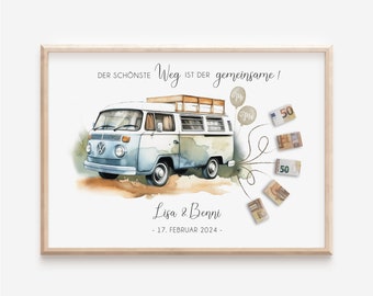 Personalisiertes Geldgeschenk für Brautpaar | Geldgeschenk zur Hochzeit | Auto mit Geldscheinen | VW Bus Hochzeitsgeschenk