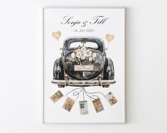 Personalized cash gift for the bride and groom | Cash gift for the wedding | Car with banknotes | Wedding gift packaging