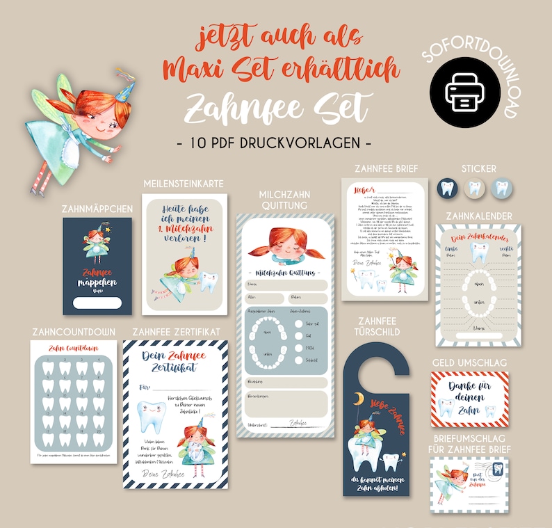 Entdecke unser zauberhaftes Zahnfee Set mit Vorlagen für Zahnfee Briefe, Zahnfee Zertifikat, Zahnfee Kalender und vieles mehr, die dein Kind begeistern werden! Mit unserem DIY Zahnfee Set kannst du deinem kleinen Schatz ein unvergessliches Erlebnis bieten. Drucke das liebevoll gestaltete Zahnfee Set ganz einfach zu Hause aus, und lass dein Kind von der magischen Welt der Zahnfee träumen.