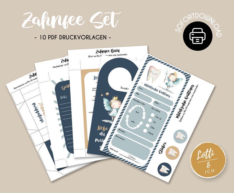May include: A set of printable PDF documents with a tooth fairy theme. The documents include a tooth fairy letter, a tooth chart, and other related items. The design features a fairy illustration and the text "Zahnfee Set".