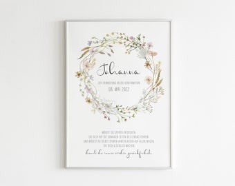 Könnte beinhalten: Ein weißer druckbarer Poster mit einem Blumenkranz in Rosa-, Gelb- und Grüntönen. Der Kranz umgibt den Text "Johanna" und "Zur Erinnerung an die Konfirmation 08. Mai 2022". Unter dem Kranz befindet sich ein Zitat auf Deutsch.