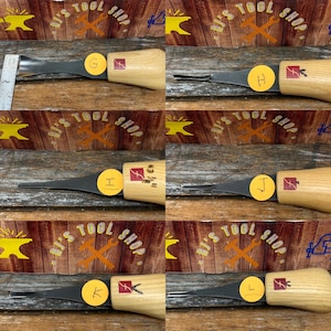 May include: Close-up of six wood carving tools with black blades and wooden handles. The tools are labeled with letters G, H, I, J, K, and L. Each tool has a red and white label with the text "Al's Tool Shop".