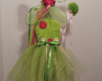 Spring Fairy Garden Flower Tutu Dress+ WAND Birthday Party Dress Birthday Outfit Costume Green tulle Lace +Pom Pom Wand Gift PARTY Fun