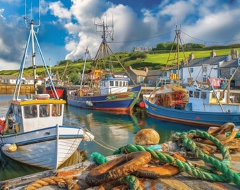 Jigsaw Puzzle for Adults, Fishing Harbor in Cornwall, Gift for Dad, Gift for Teacher, English Landscape, English Fishing Harbor, Jigsaw Art