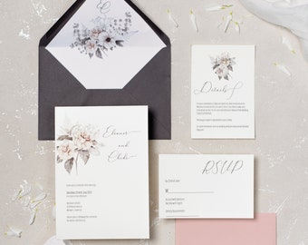 White Rose Watercolour floral wedding invitation, Boho wedding invites, wedding invitation set, RSVP card