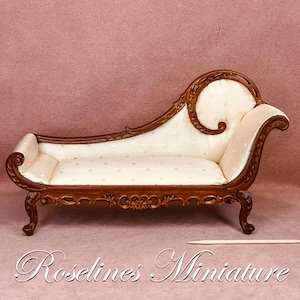 Miniature chaise longue sofa with cream white upholstery. Dollhouse miniature furniture scale 1:12