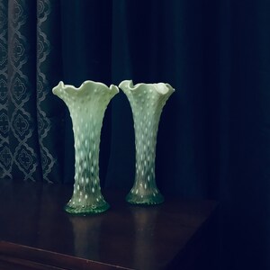 Vintage 1930s Ice/Mint Green Hobnail, Opal lined, Ruffle lip,Opalescent finish Glass Vases, set of 2