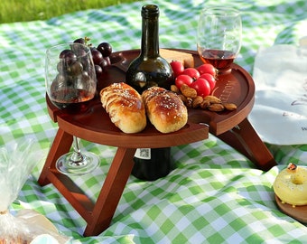 Wood Portable Picnic Table | Foldable Outdoor Wine Table with Wine Glass and Bottle Holders at Patio, Park, Beach | Ideal Gifts for Friends