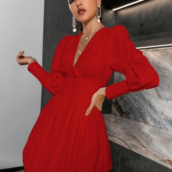 plunging neck tie back lace panel waist dress