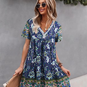 Boho Floral Surplice Neck Regular Fit Short Sleeve High Waist - Etsy