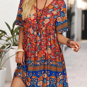 Boho Floral Surplice Neck Regular Fit Short Sleeve High Waist - Etsy