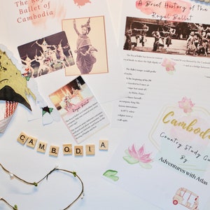 Puede incluir: Una guía de estudio de país sobre Camboya. La guía presenta una ilustración de acuarela de una flor de loto, un fondo de acuarela amarillo y rosa y el texto "Cambodia Country Study Guide by Adventures with Atlas".