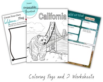 California Coloring Page, U.S. Coloring Page, California worksheets, Travel Worksheets, United States Activity, Hand Drawn, Digital Download
