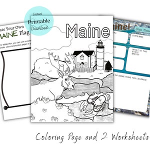 May include: Black and white coloring page featuring a moose, lobster, lighthouse, and house.  The page is titled "Maine".  Two blank worksheets are included with the text "State Notes" and "What is the state motto?"