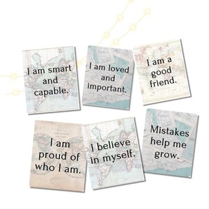 Schede didattiche con mantra per bambini, intelligenza emotiva, affermazioni positive, schede didattiche sulla mentalità di crescita, attività di scrittura consapevole.