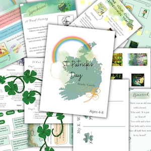 May include: A St. Patrick's Day study guide for ages 4-8 with a green and white color scheme. The guide includes activities, crafts, and information about leprechauns, rainbows, and Irish folklore.