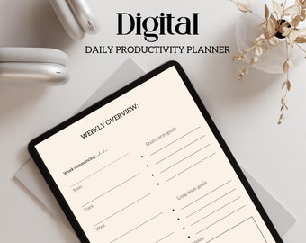 May include: A digital weekly planner on a tablet screen with the title "Digital Daily Productivity Planner" and the text "Weekly Overview: Week commencing..." followed by a list of days of the week, "Short term goals", "Long term goals", and "Notes".
