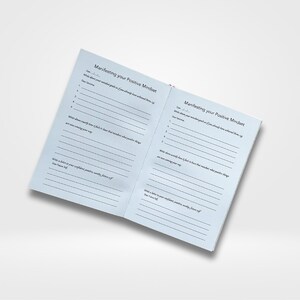 May include: A blue and white journal with the title "Manifesting your Positive Mindset" on the cover. The journal has lined pages for writing down goals and positive affirmations.