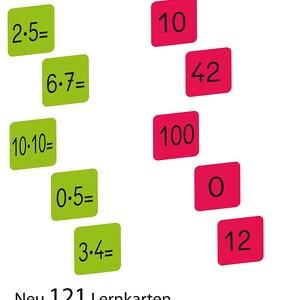 May include: Green and red flashcards with math problems on one side and the answers on the other. The text on the cards reads "Aufgabe Vorderseite" and "L&ouml;sung R&uuml;ckseite". The cards are labeled "Neu 121 Lernkarten" and include the text "mit Oer, 1er, 2er, 3er, 4er, 5er, 6er, 7er, 8er, 9er und 10er Reihe".