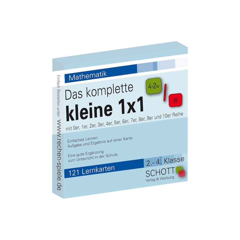 May include: A blue and white box with the text "Das komplette kleine 1x1" and "121 Lernkarten". The box features a red and green apple graphic and the text "2.-4. Klasse SCHOTT Verlag & Werbung".