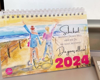 Desk calendar 2024, positive sayings with watercolor images, monthly calendar