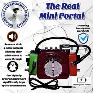 May include: A maroon Honeytone amplifier connected to green and red electronic components with black cables. The device features a circular silver speaker grille, control knobs, and text including The Real Mini Portal and Relatively Paranormal Equipment.