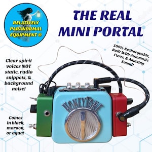 May include: A Honeytone mini portal device featuring a central aqua speaker unit, a green side module, and a red side module. The device includes a black and white patterned handle, silver knobs, and text reading THE REAL MINI PORTAL, 100% Rechargeable, Built With Automatic Parts, & Amazing Sound!, Clear spirit voices NOT static, radio snippets, & background noise!, and Comes in black, maroon, or aqua!.