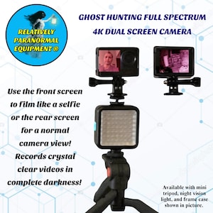 May include: A black 4K dual screen camera with a tripod, night vision light, and frame case. The camera has a front screen for selfies and a rear screen for normal views. It records crystal clear videos in complete darkness. The image also includes the text "RELATIVELY PARANORMAL EQUIPMENT ®".