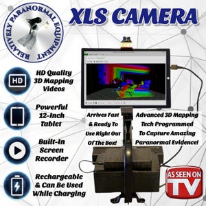 Puede incluir: Un sistema de cámara XLS con una tableta de 12 pulgadas montada en un soporte negro. La pantalla muestra una interfaz de mapeo 3D colorida. El texto en la imagen incluye "XLS CAMERA", "HD Quality 3D Mapping Videos" y "As Seen On TV".