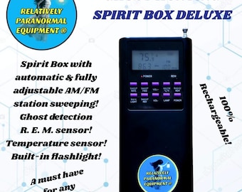 Ghost Hunting Spirit Box Deluxe, R.E.M. sensor, Temp Sensor, Flashlight, Rechargeable, paranormal