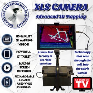 May include: An XLS Camera Advanced 3D Mapping system featuring a 12-inch tablet mounted on a black stand. The screen displays a 3D wireframe grid in red, blue, and white. Text includes "Relatively Paranormal Equipment," "HD Quality," and "As Seen On TV."