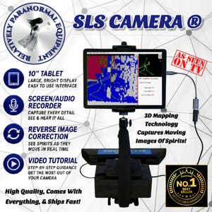 Puede incluir: Una cámara SLS con una tableta de 25,4 cm de pantalla brillante, tecnología de mapeo 3D y grabadora de audio/video. El dispositivo incluye un soporte negro, una conexión de cable y textos superpuestos que detallan funciones de corrección.