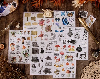 May include: A set of 10 vintage-style sticker sheets featuring illustrations of mushrooms, fairies, butterflies, typewriters, and other whimsical designs. The stickers are printed on white paper with black ink and have a matte finish.