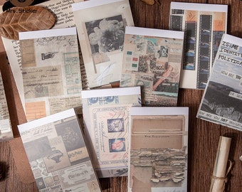 Könnte beinhalten: Ein Satz von acht Ephemera-Blättern im Vintage-Stil mit verschiedenen Designs, darunter ein Blumenmuster, eine Collage aus Briefmarken und Fotos, ein Filmstreifen und ein Zeitungsartikel. Die Blätter sind auf cremefarbenem Papier mit strukturierter Oberfläche gedruckt.
